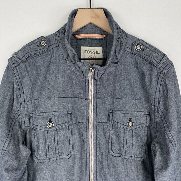 Fossil Jacket Mens‎ Large Blue Chambray Full Zip Lightweight Classic Neutral NEW - Picture 2 of 16